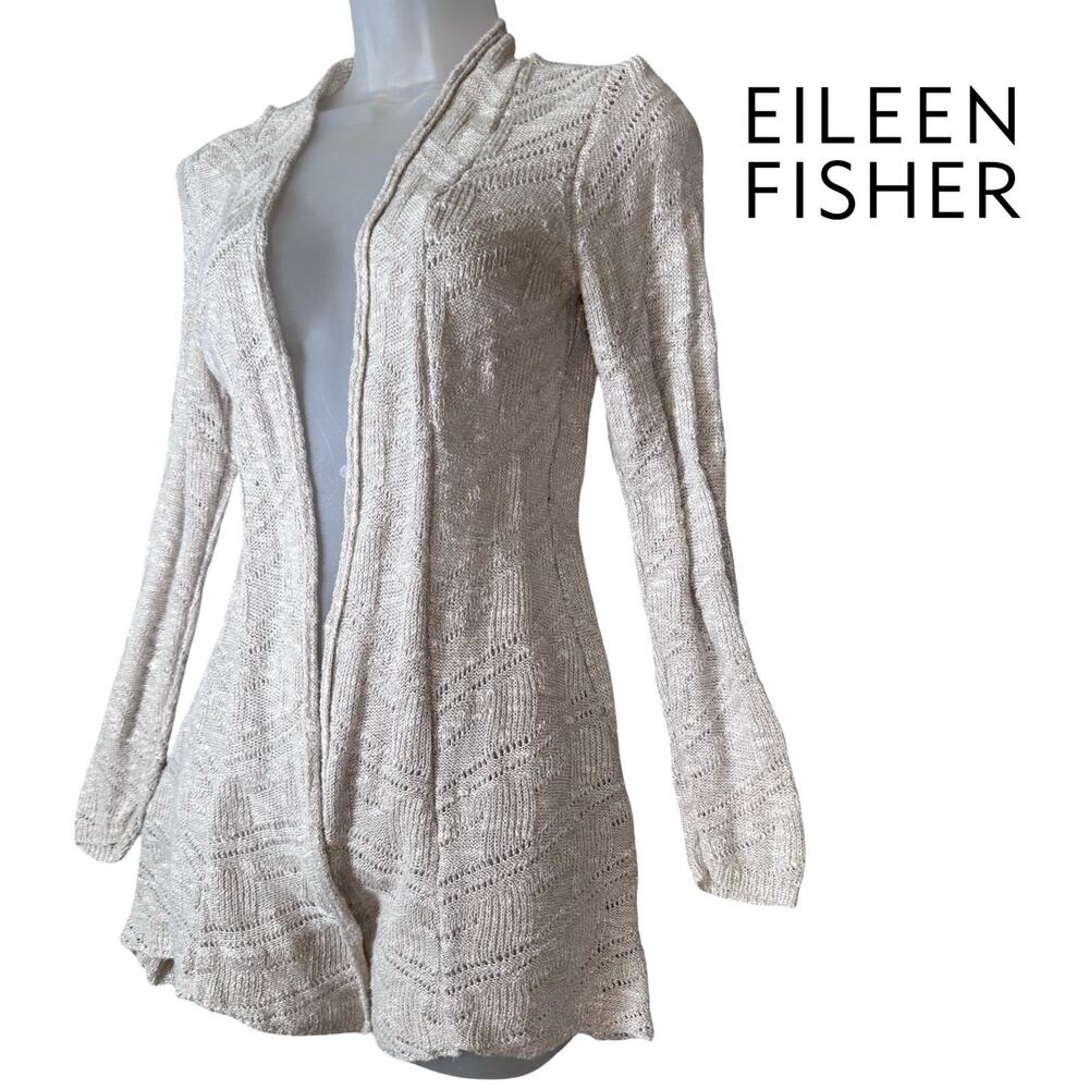 Eileen Fisher Linen Knit Cardigan Open Women's Petite Small Oatmeal Boho Natural